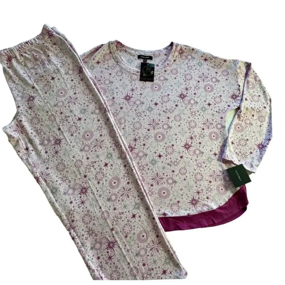 Ellen Tracy 1X Plus 2-Pc Snowflake Pink Print Sweater Knit Pajama Set